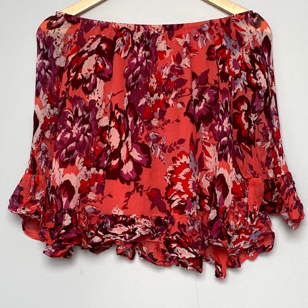 Lucky Brand pink and purple floral bell sleeve top